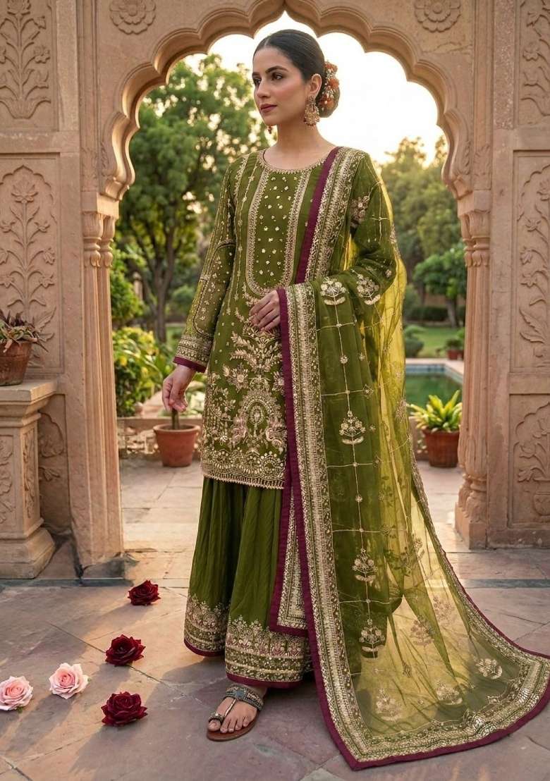 Mehendi Embroidered Georgette Kurta Set - Indya