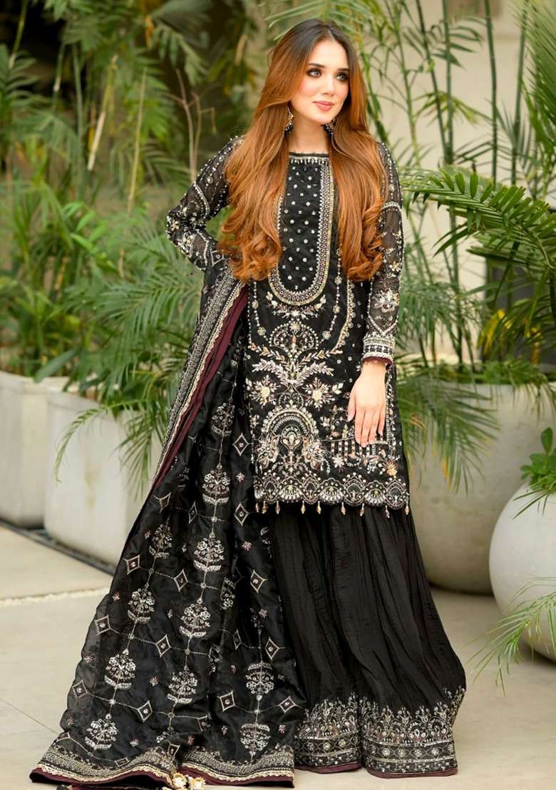Black Embroidered Georgette Kurta Set - Indya