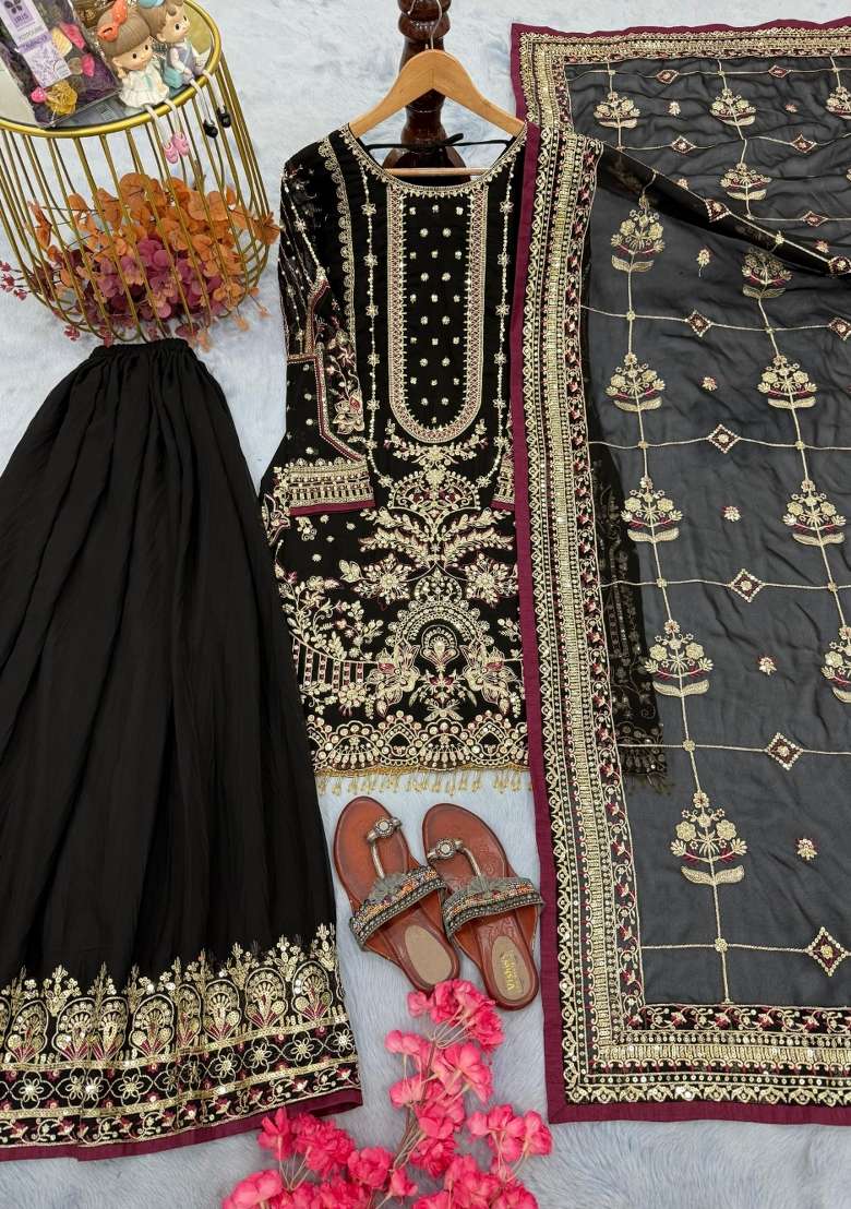 Black Embroidered Georgette Kurta Set - Indya