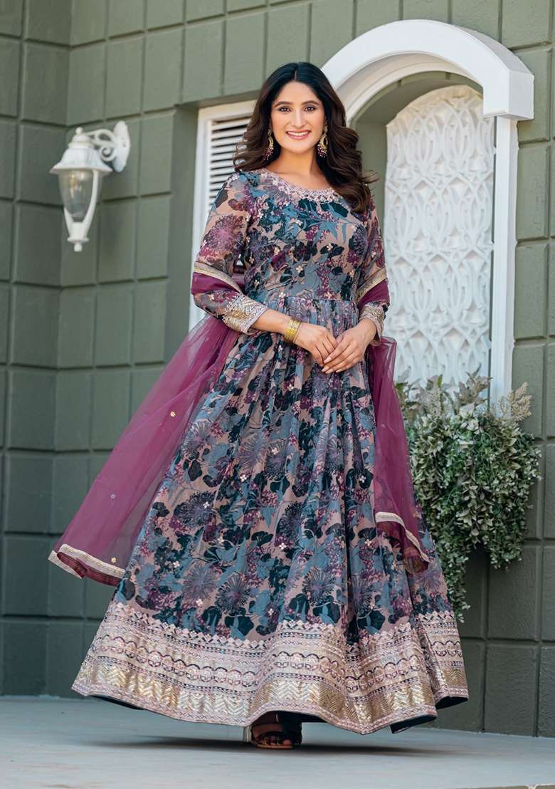 Grey Embroidered Silk Anarkali With Dupatta - Indya