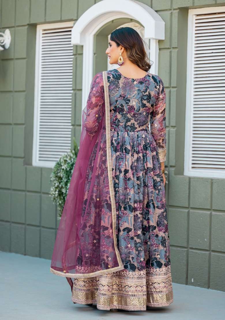 Grey Embroidered Silk Anarkali With Dupatta - Indya