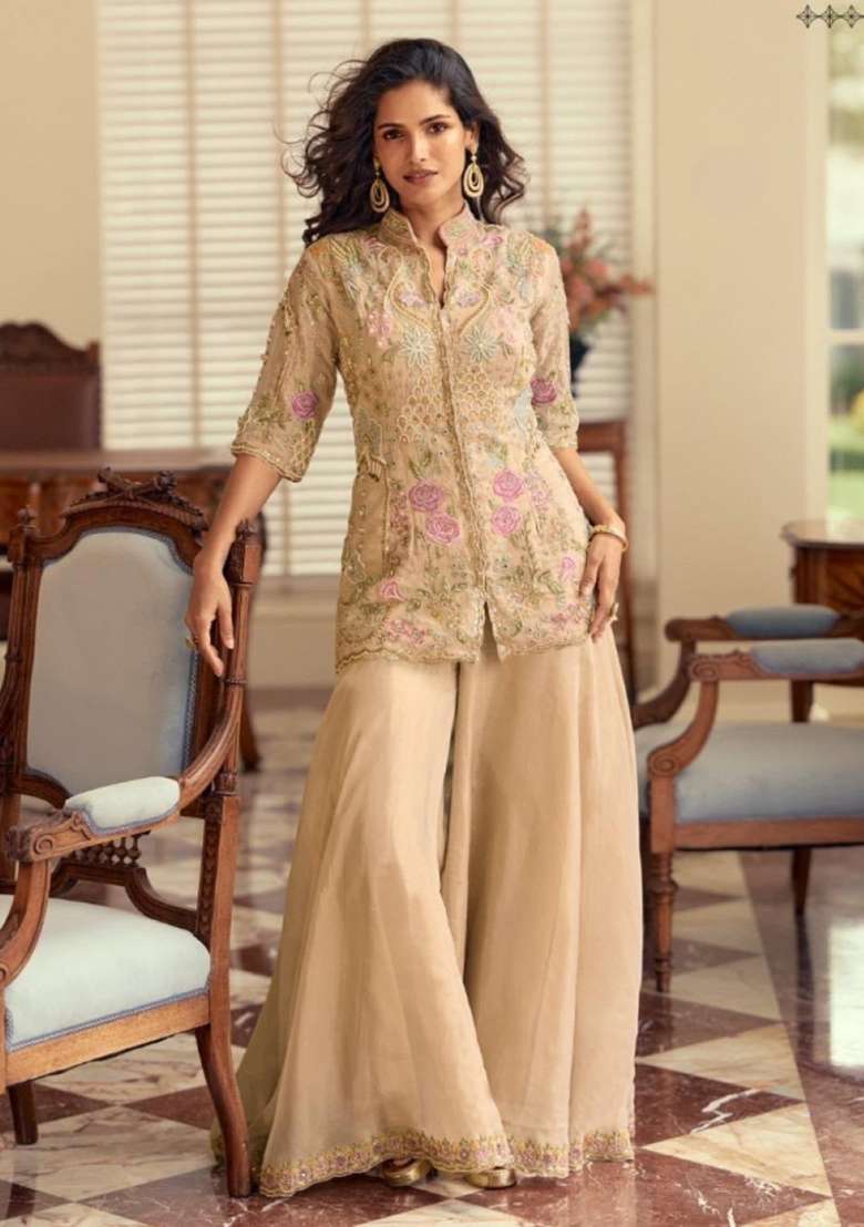 Cream Embroidered Silk Kurta Set - Indya