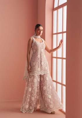 Peach Embroidered Net Kurta Set