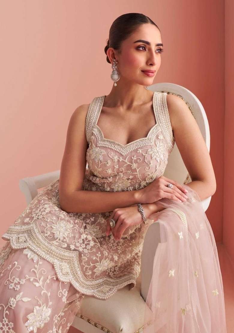 Peach Embroidered Net Kurta Set - Indya