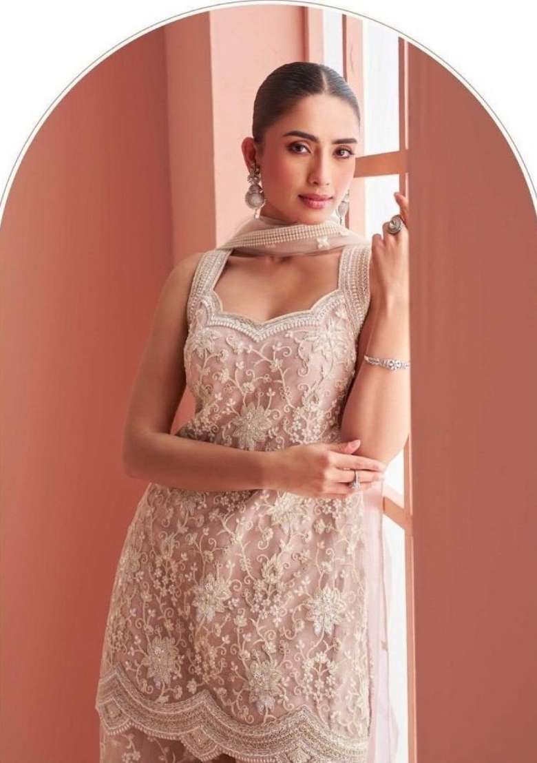 Peach Embroidered Net Kurta Set - Indya