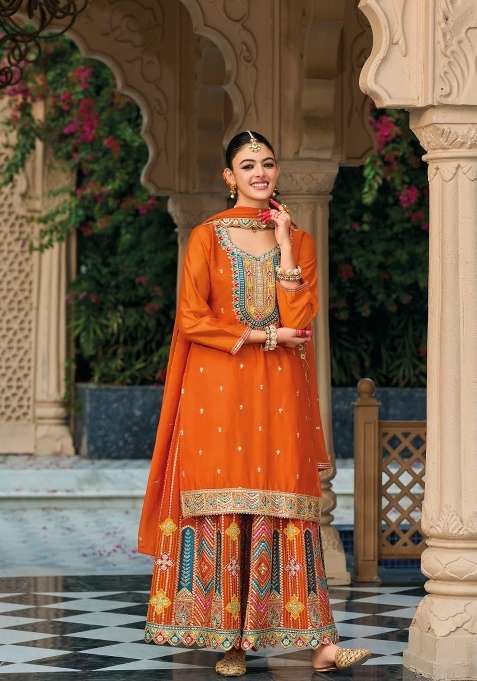 Orange Embroidered Silk Kurta Set