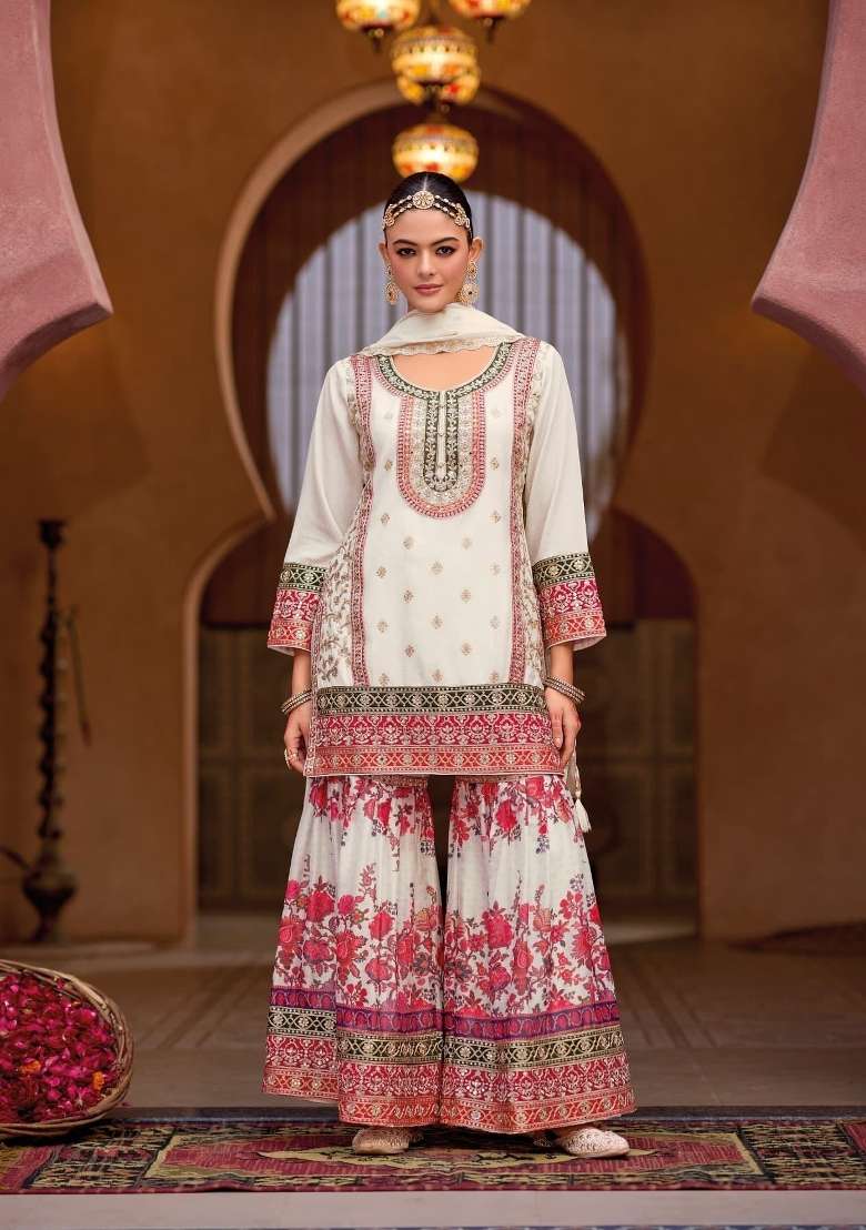 White Embroidered Silk Sharara Set - Indya