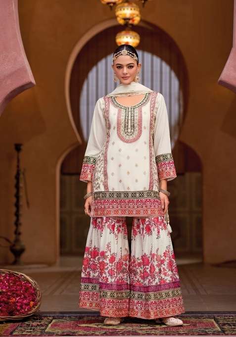 White Embroidered Silk Sharara Set