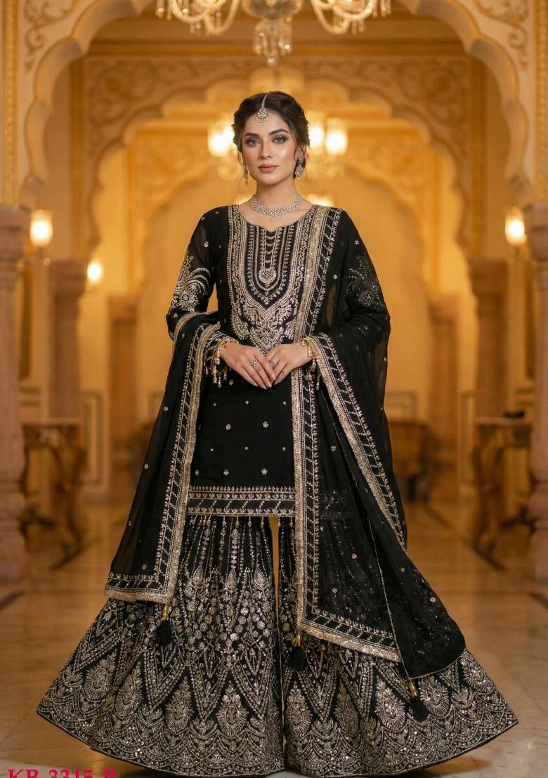 Black Embroidered Georgette Sharara Set - Indya