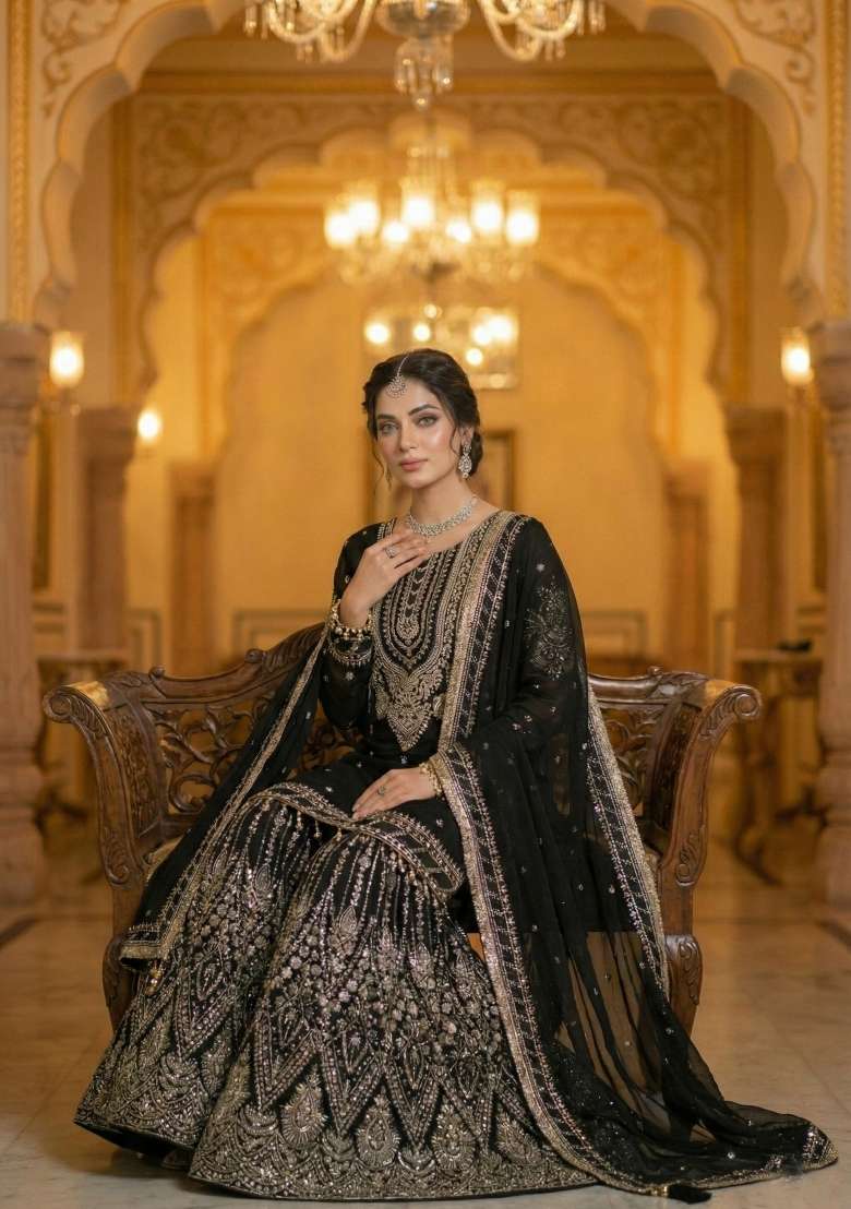 Black Embroidered Georgette Sharara Set - Indya