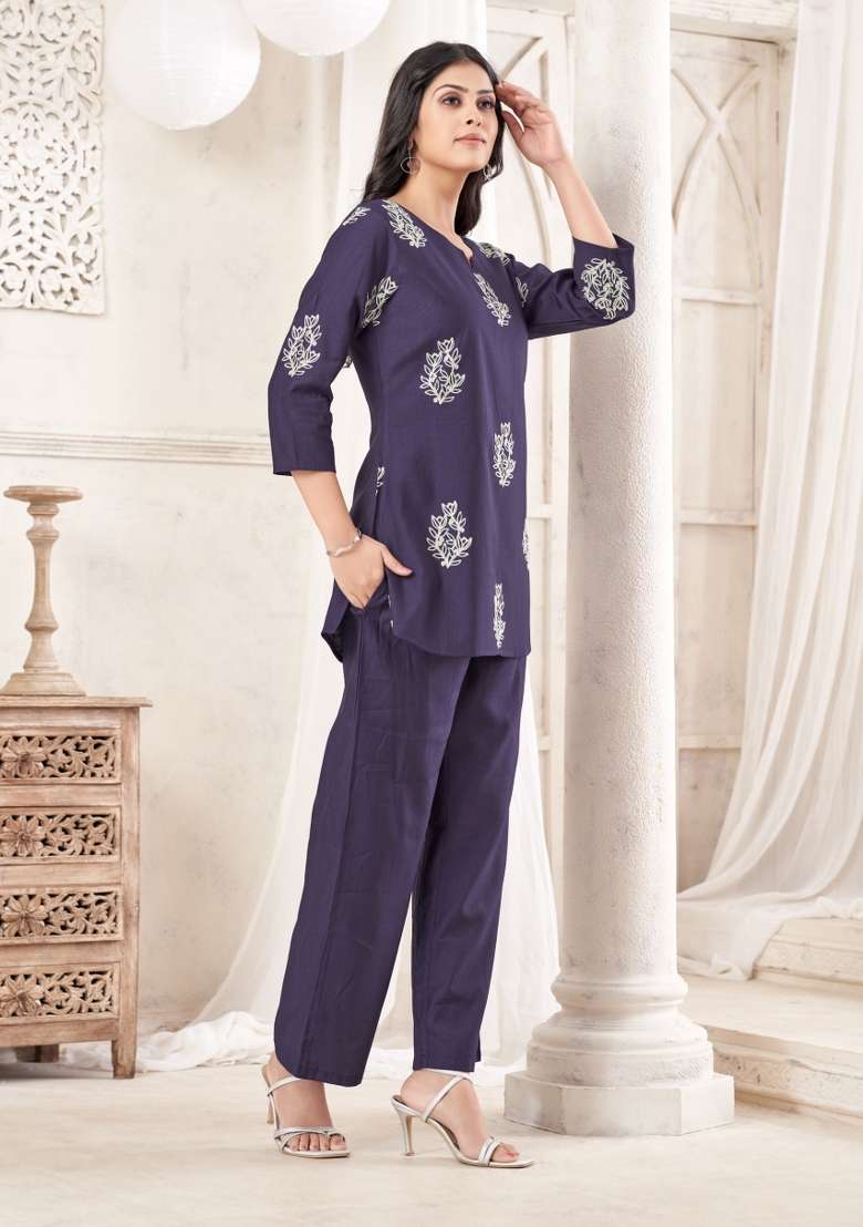 Butta Blue Dori Work Cotton Co Ords Set - Indya