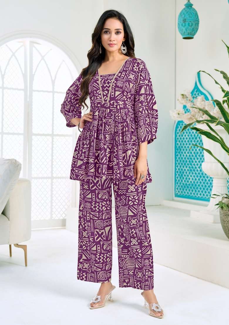 Purple Printed Silk Co Ords Set - Indya