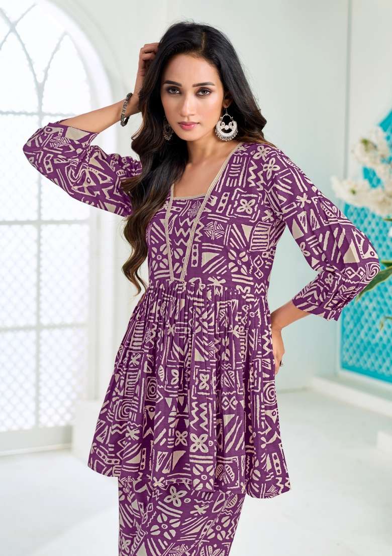 Purple Printed Silk Co Ords Set - Indya