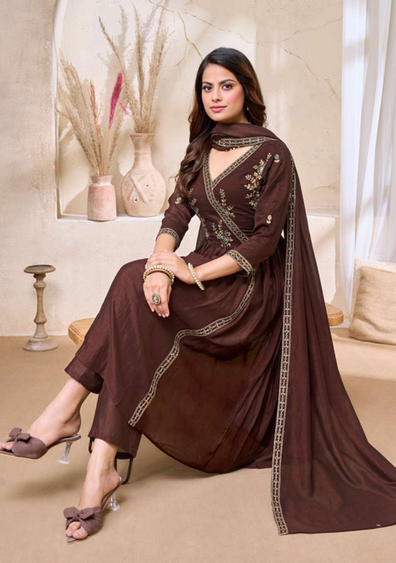 Coffee Embroidered Silk Anarkali Set - Indya