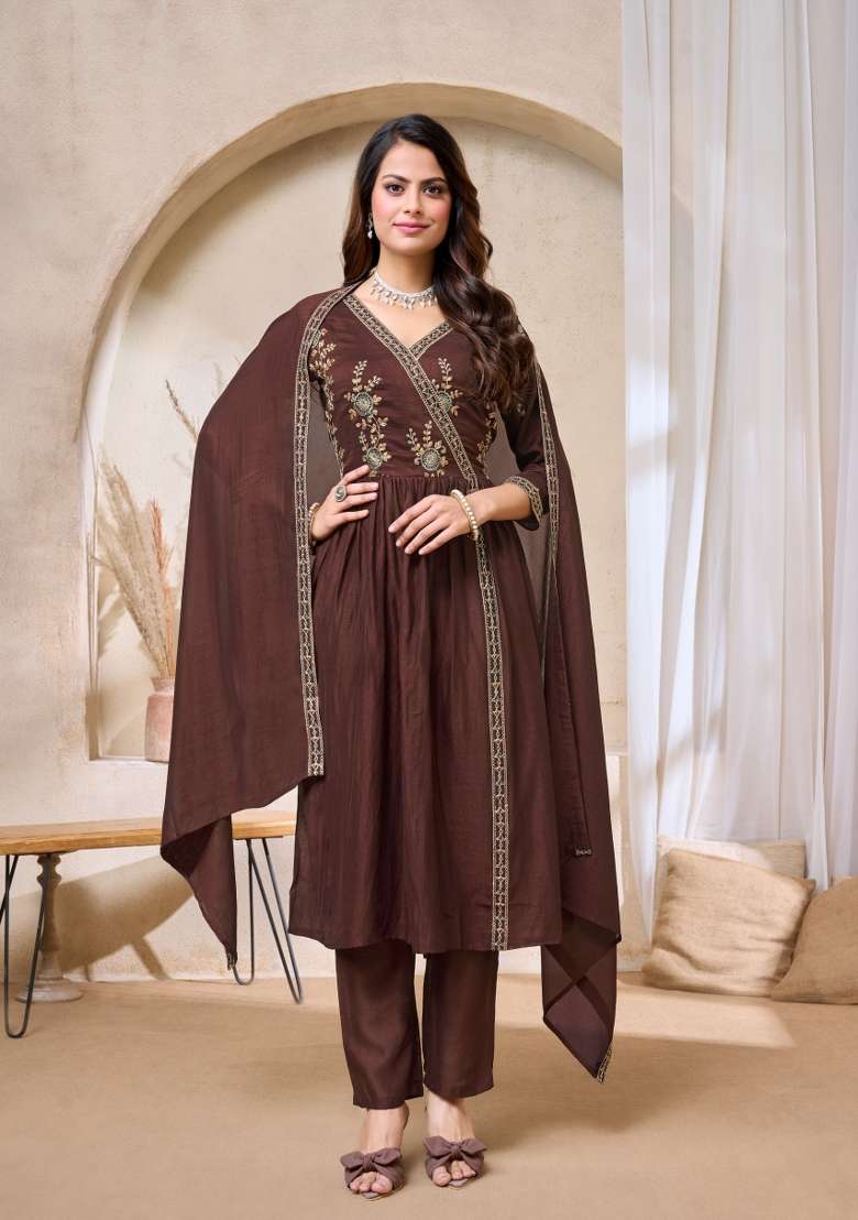 Coffee Embroidered Silk Anarkali Set - Indya