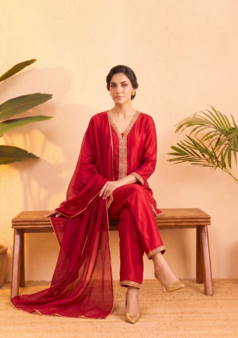 Pink Embroidered Silk Co Ords Set - Indya
