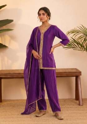 Purple Embroidered Silk Co Ords Set