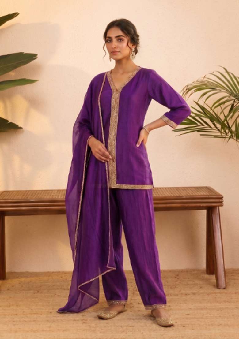 Purple Embroidered Silk Co Ords Set - Indya