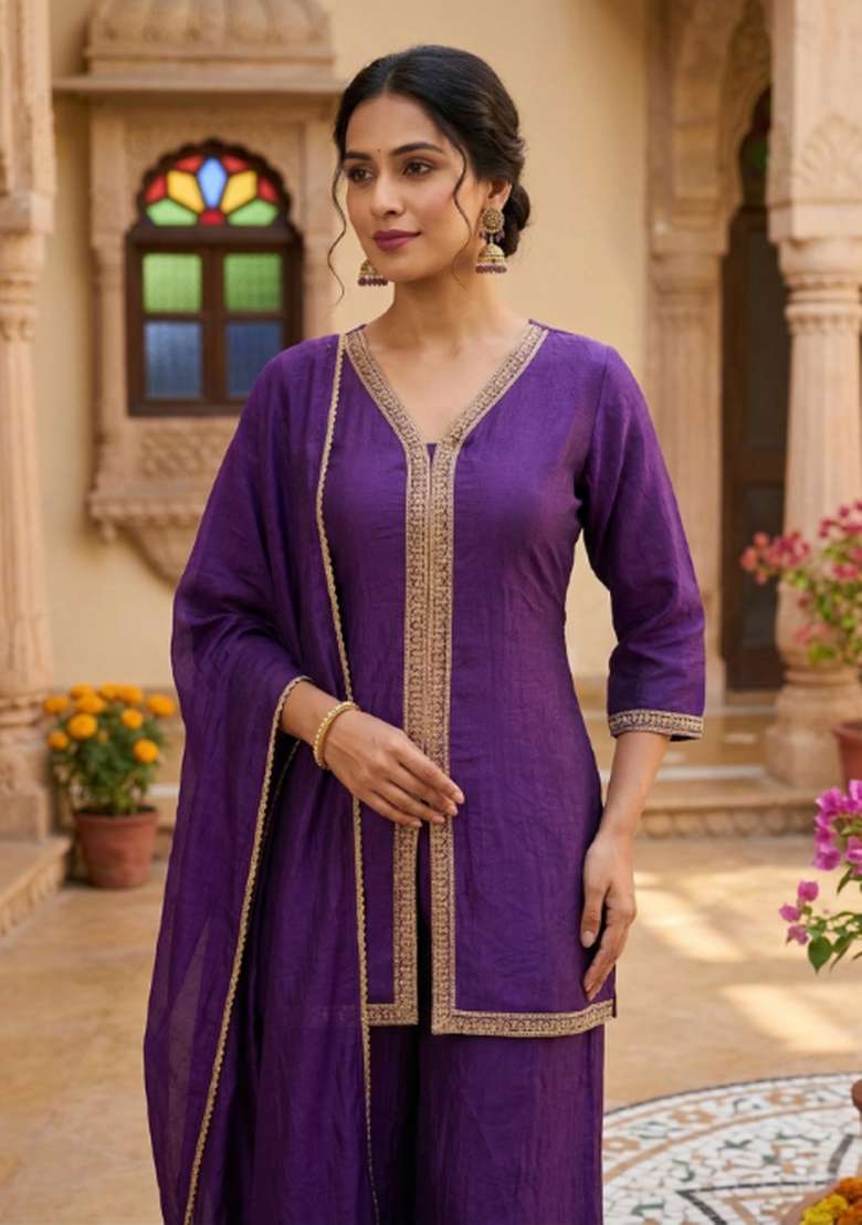 Purple Embroidered Silk Co Ords Set - Indya