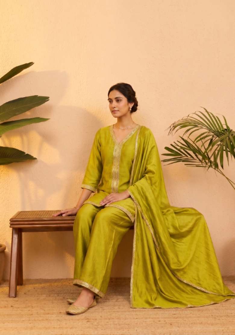 Yellow Embroidered Silk Co Ords Set - Indya