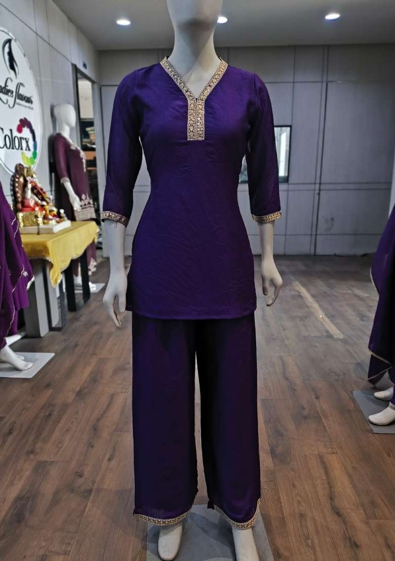 Purple Embroidered Silk Co Ords Set - Indya