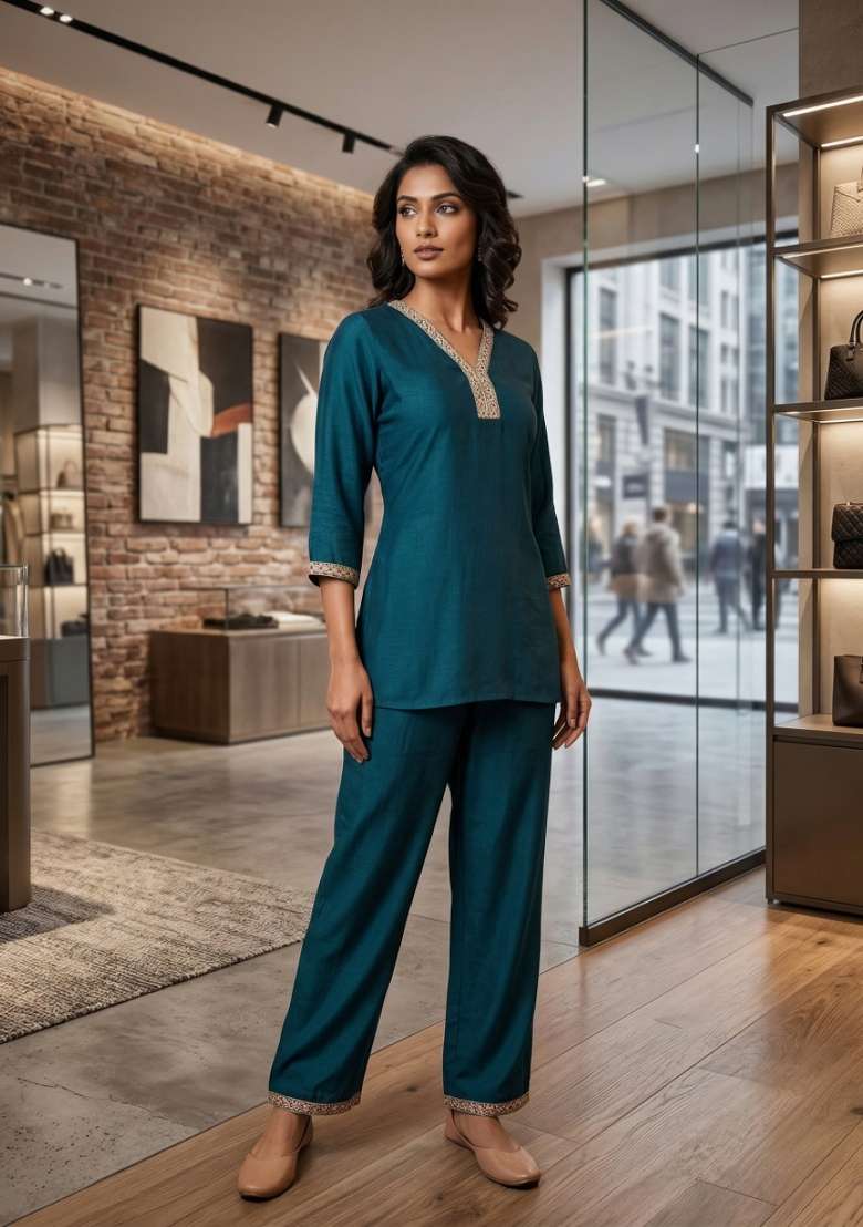 Teal Embroidered Silk Co Ords Set - Indya