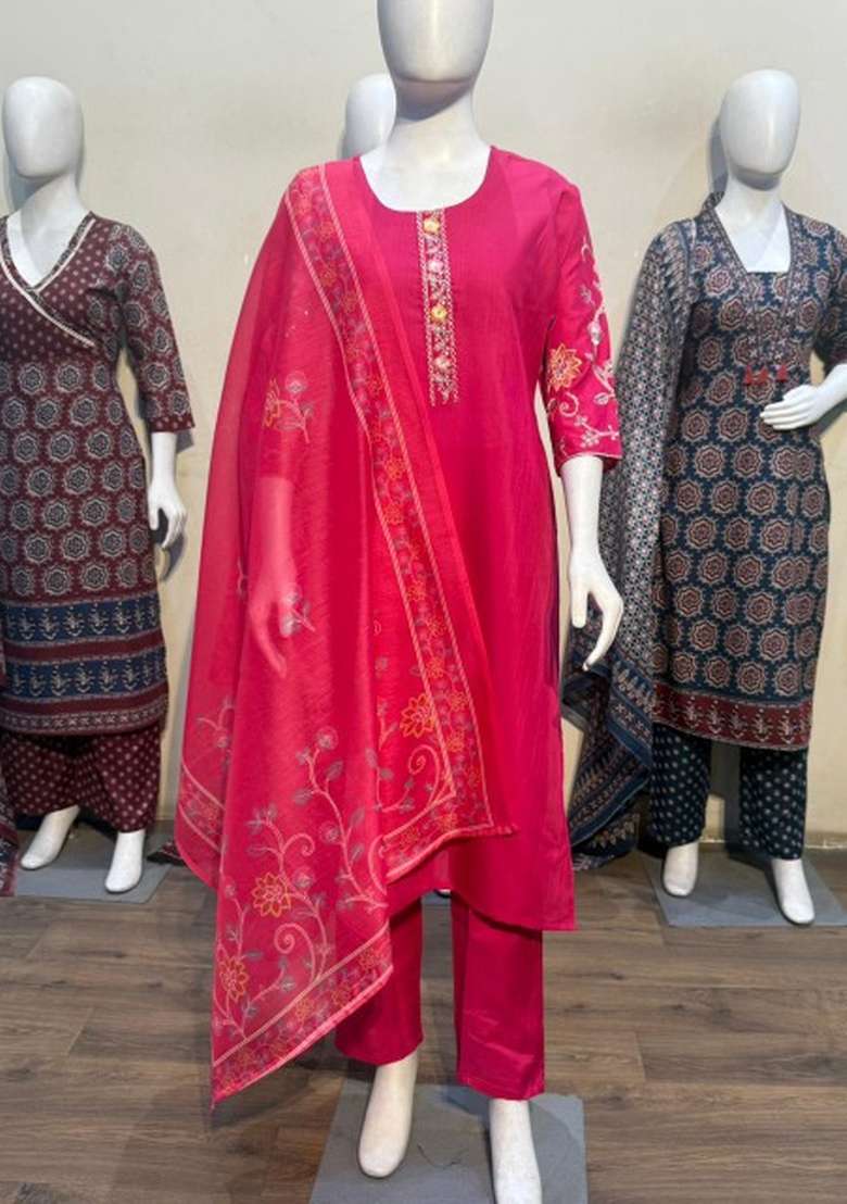 Pink Embroidered Cotton Kurta Set - Indya