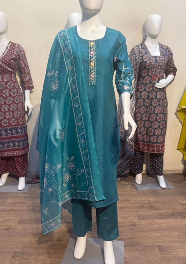 Teal Embroidered Cotton Kurta Set - Indya