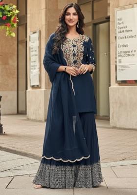Navy Blue Embroidered Silk Kurta Set
