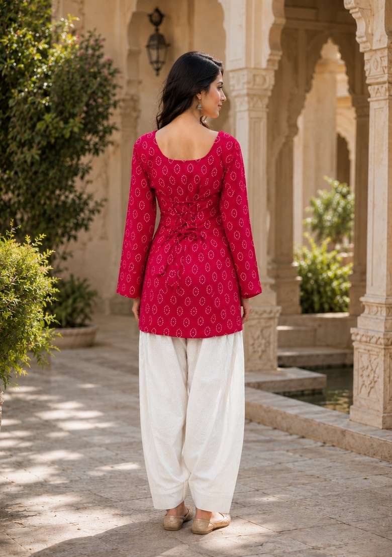 Red Floral Print Cotton Kurta Set - Indya