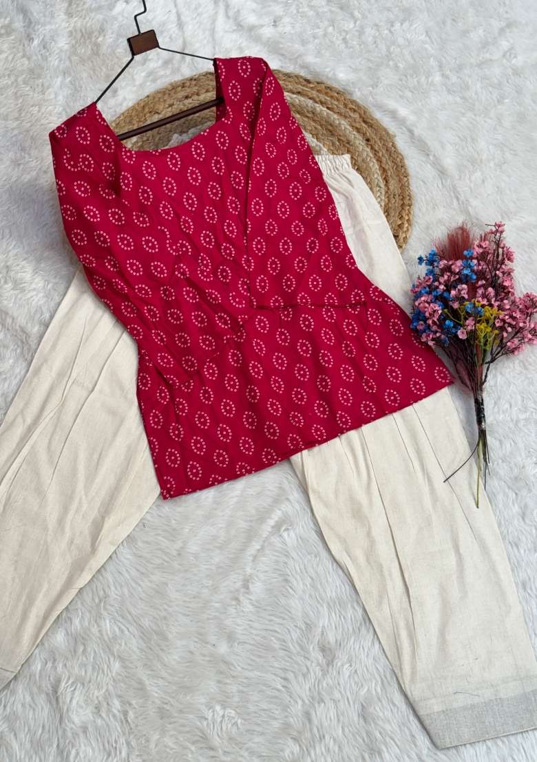 Red Floral Print Cotton Kurta Set - Indya