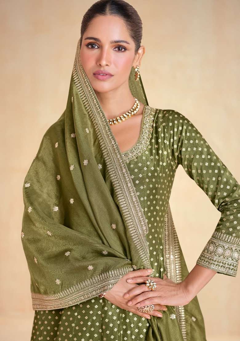 Olive Embroidered Viscose Anarkali With Dupatta - Indya