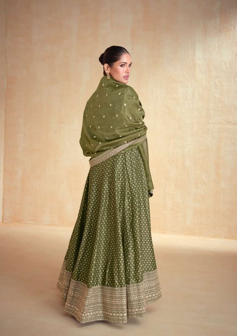Olive Embroidered Viscose Anarkali With Dupatta - Indya