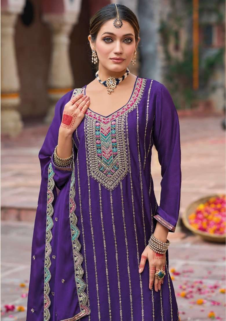 Purple Embroidered Silk Kurta Set - Indya