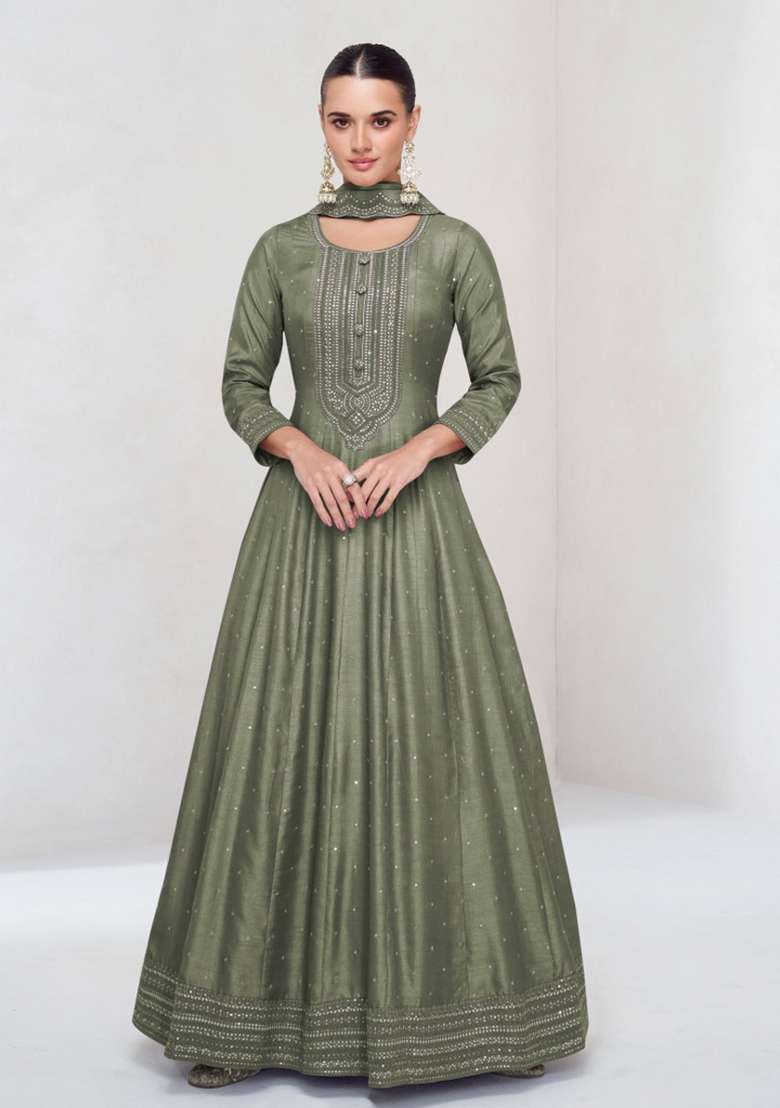 Light Olive Embroidered Silk Kurta With Dupatta - Indya