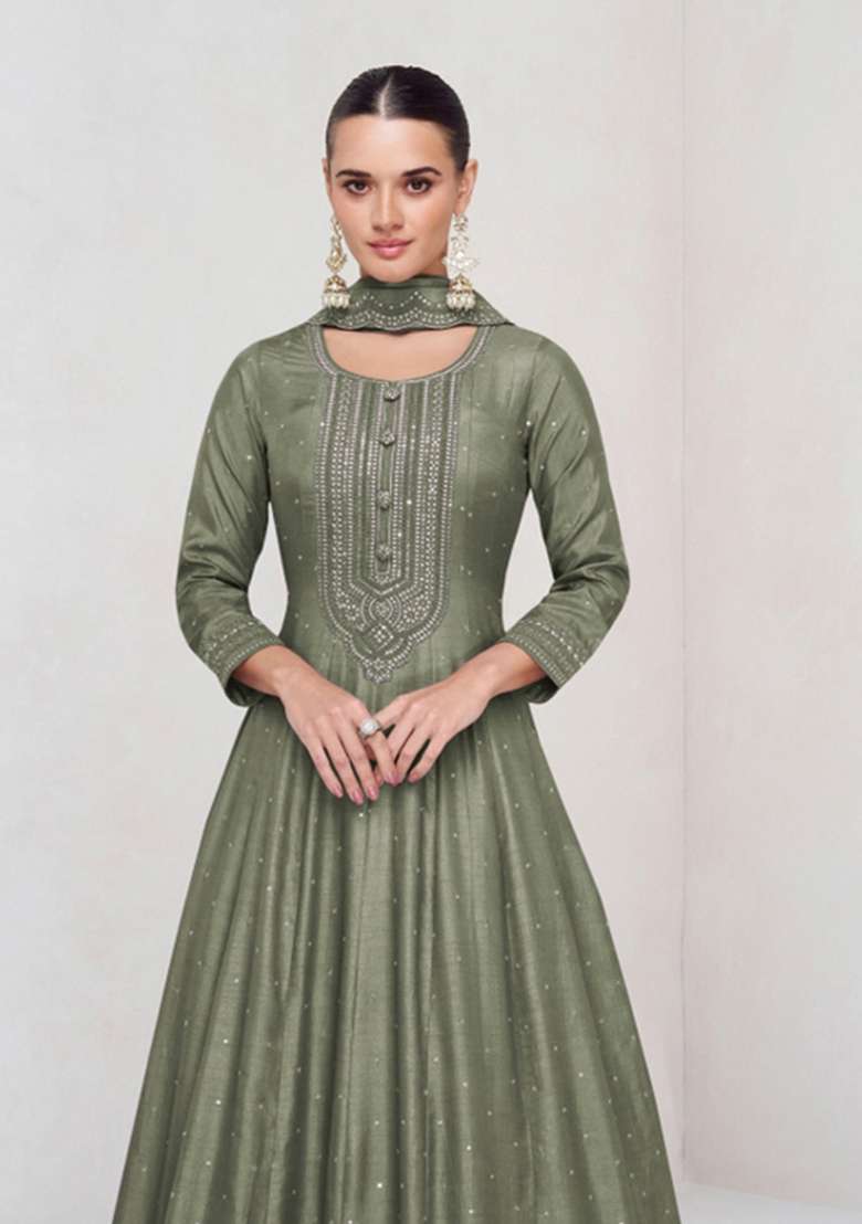 Light Olive Embroidered Silk Kurta With Dupatta - Indya