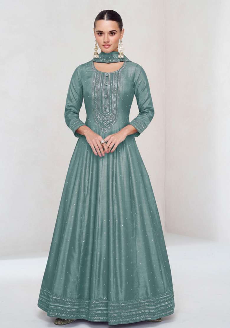 Teal Green Embroidered Silk Kurta With Dupatta - Indya