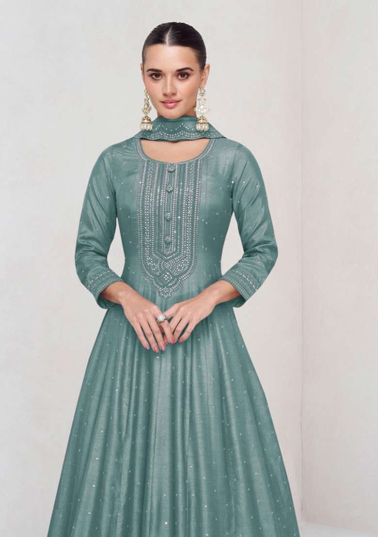 Teal Green Embroidered Silk Kurta With Dupatta - Indya