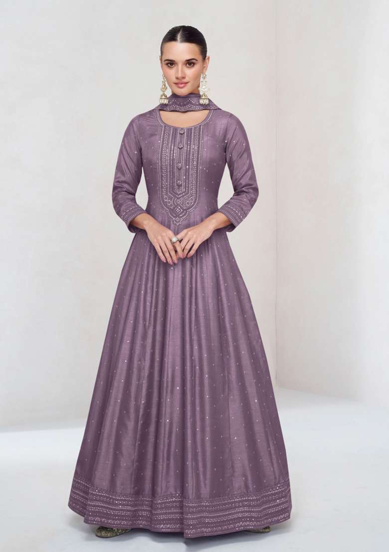 Lavender Embroidered Silk Kurta With Dupatta - Indya