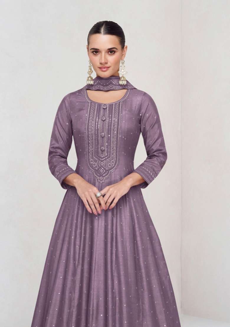 Lavender Embroidered Silk Kurta With Dupatta - Indya