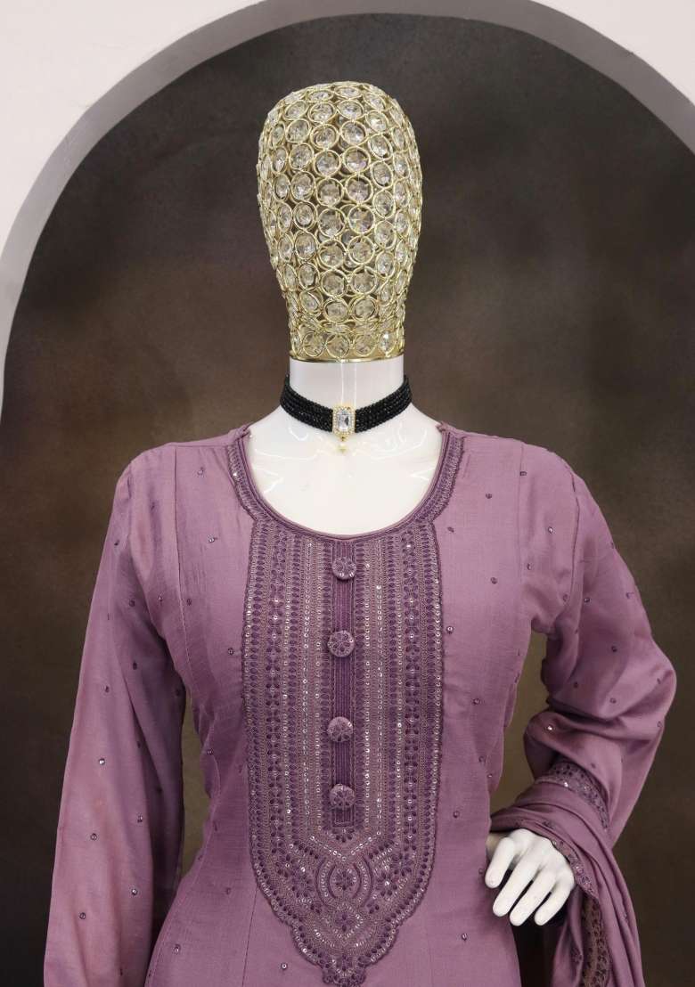 Lavender Embroidered Silk Kurta With Dupatta - Indya