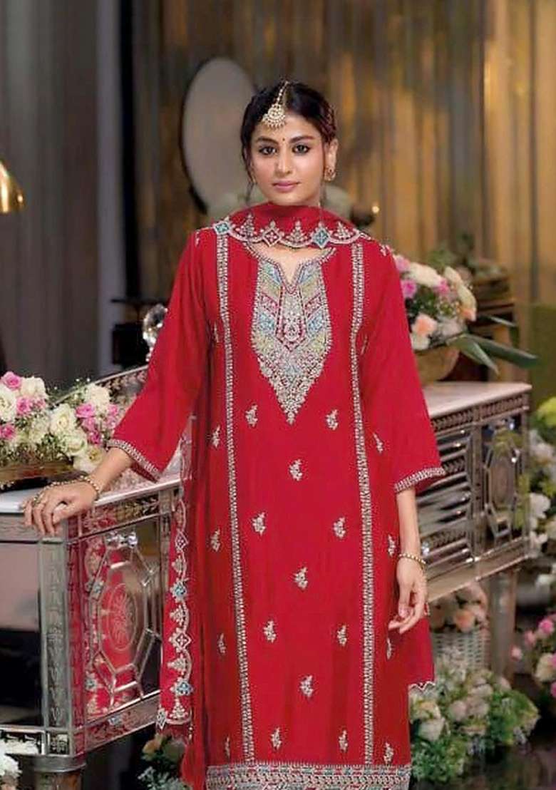 Red Embroidered Silk Kurta Set - Indya