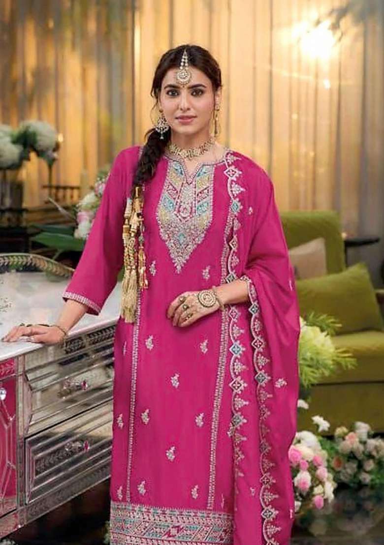 Rani Pink Embroidered Silk Kurta Set - Indya