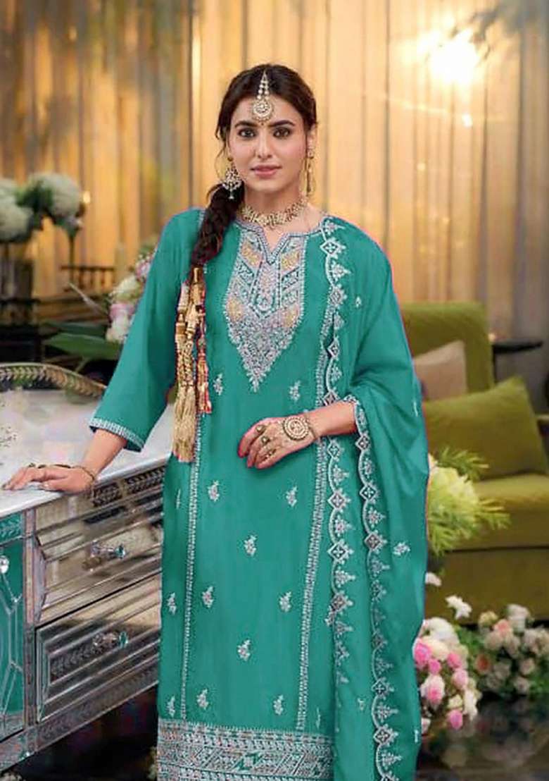Turquoise Embroidered Silk Kurta Set - Indya