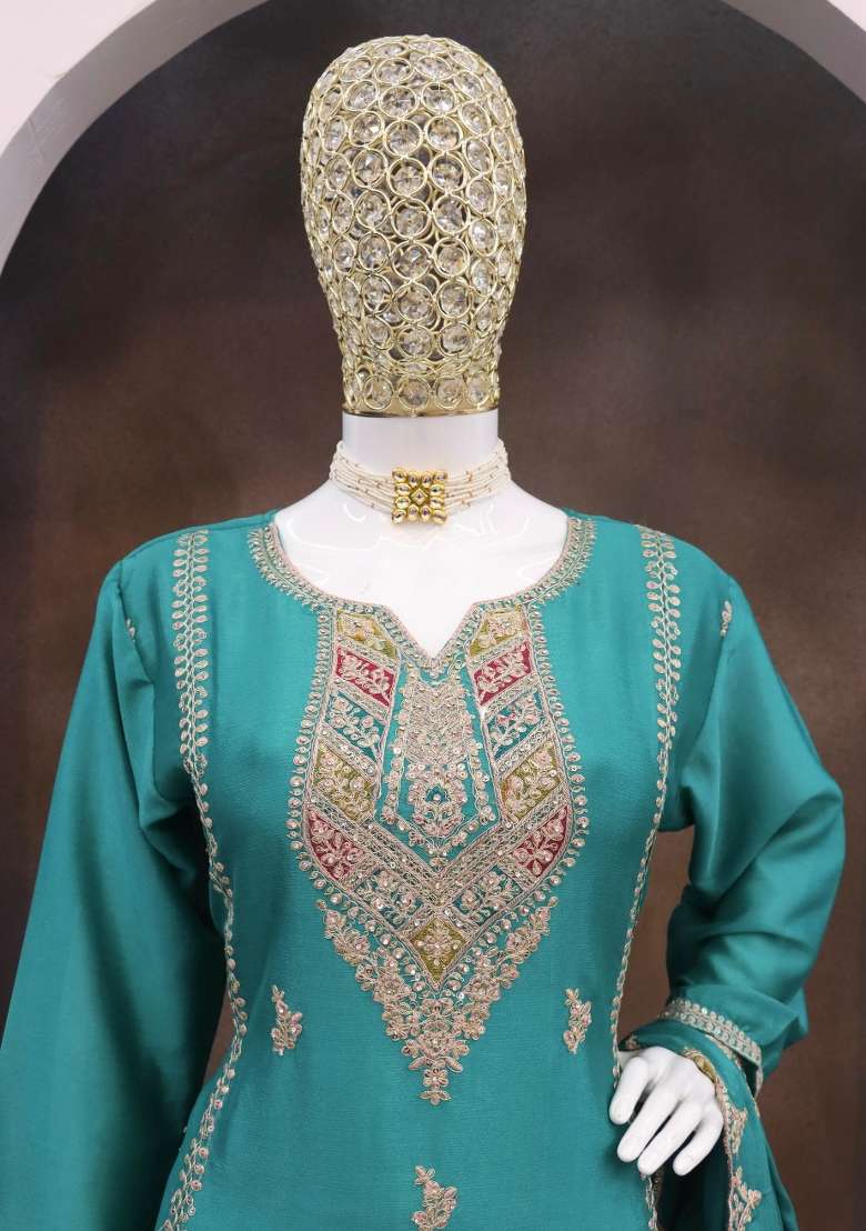 Turquoise Embroidered Silk Kurta Set - Indya