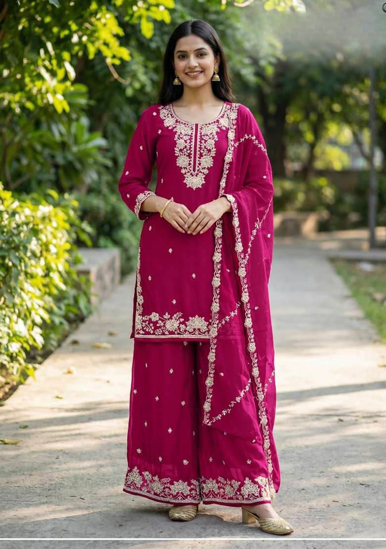 Red Embroidered Silk Kurta Set - Indya
