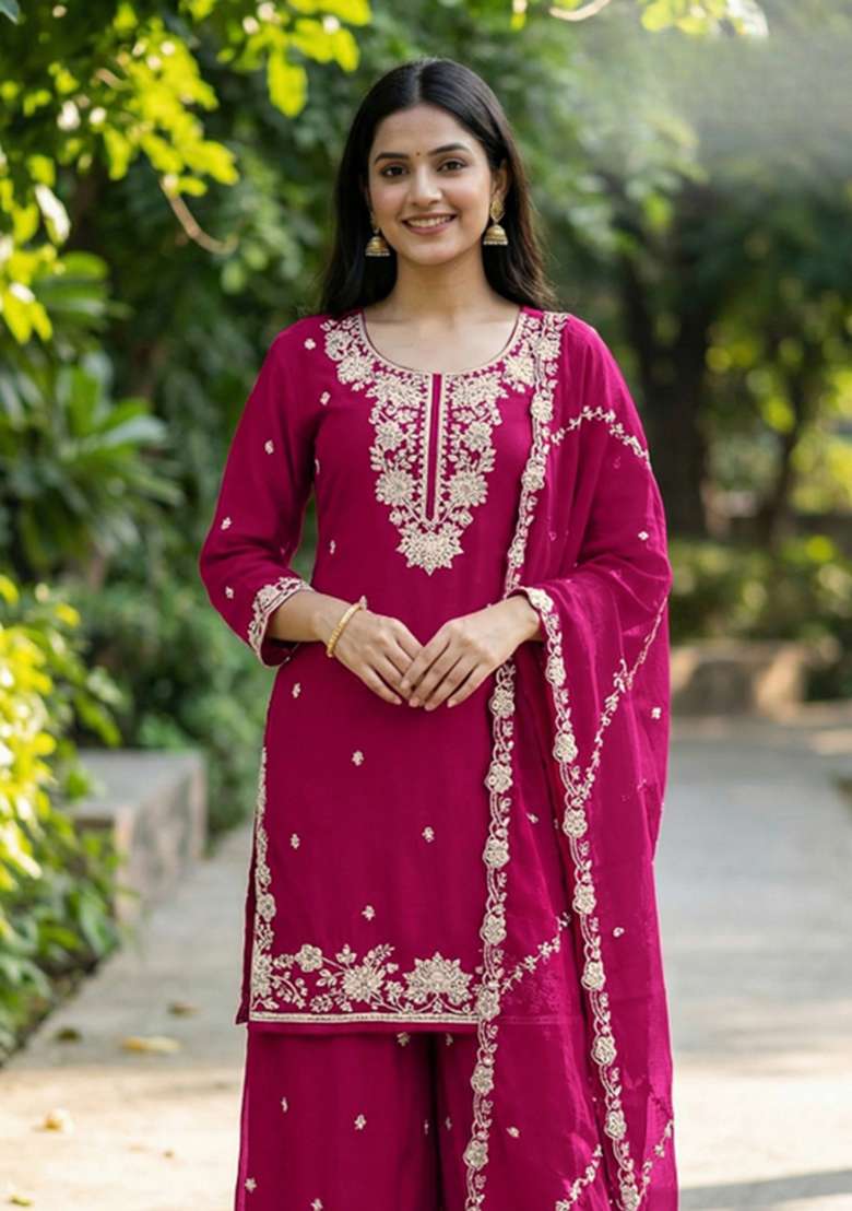 Red Embroidered Silk Kurta Set - Indya