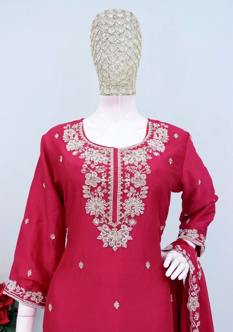 Red Embroidered Silk Kurta Set - Indya