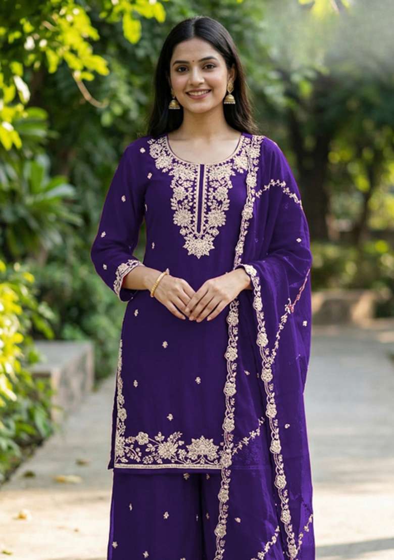 Violet Embroidered Silk Kurta Set - Indya
