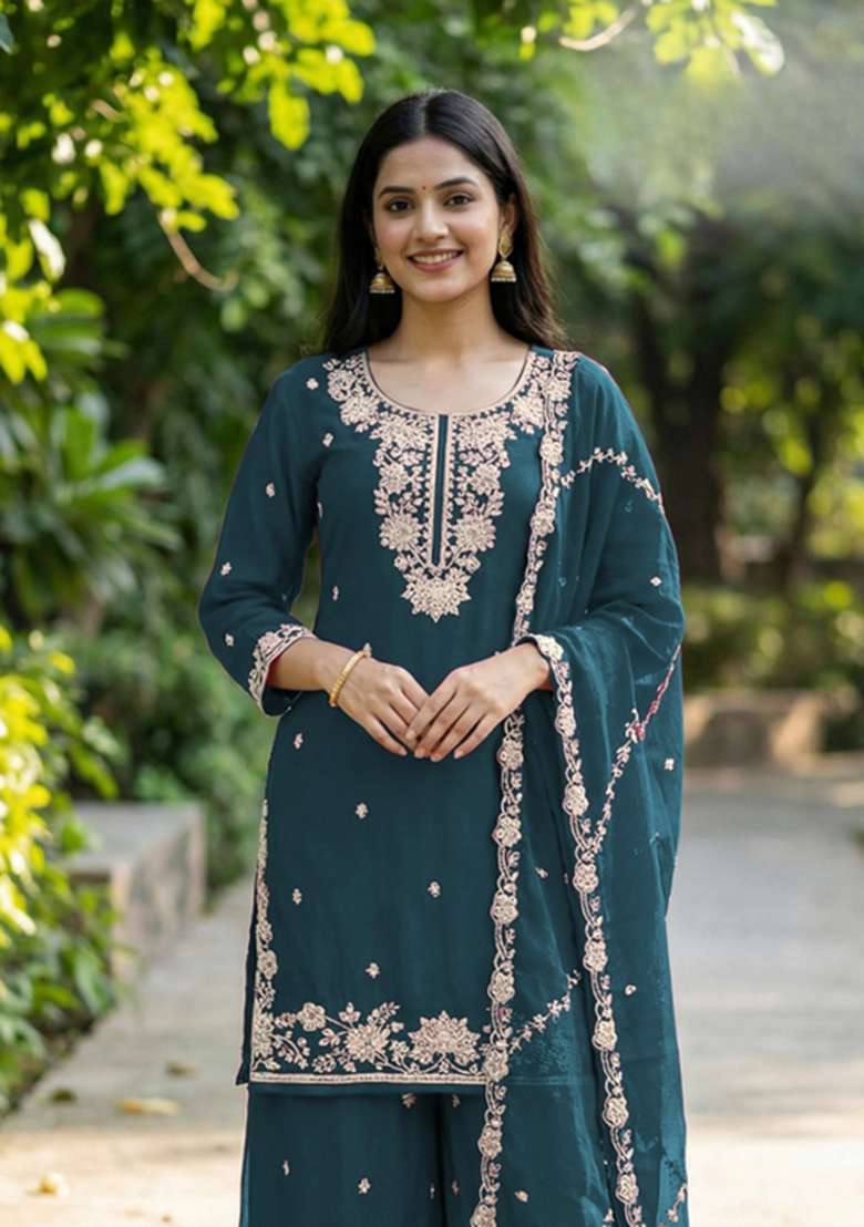 Teal Blue Embroidered Silk Kurta Set - Indya
